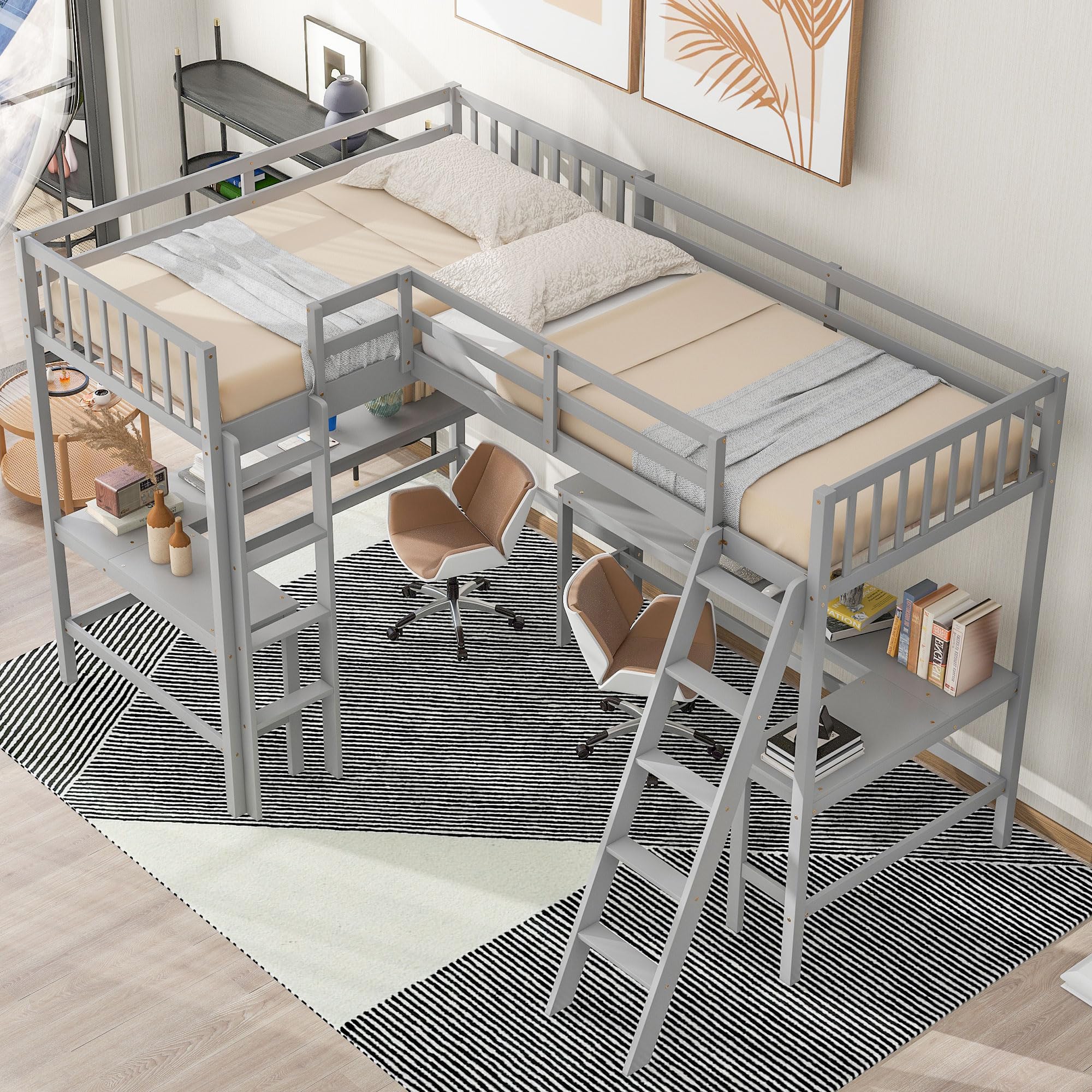 Amazon｜省スペースデザインツインサイズL字型ロフトベッド、内蔵L字型